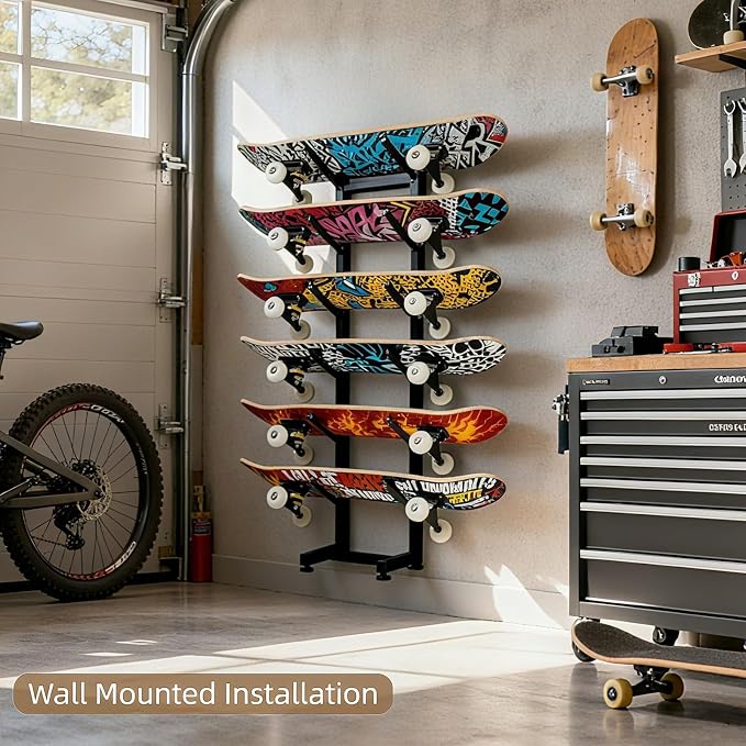 6-Tiers Heavy Duty Skateboard Racks Floor Stand, Skateboard Wall Mount, Snowboard Racks, Space Saving Storage for Garage Bedroom Skate Shop Gym, Black