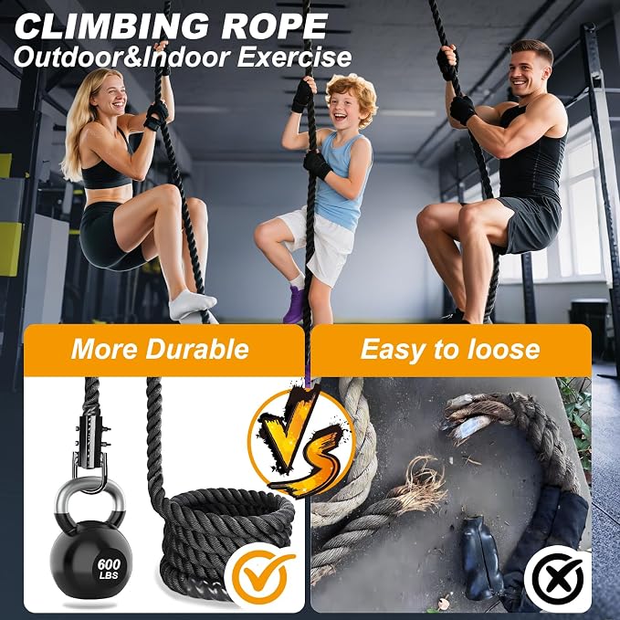 Climbing Rope Gym Workout - 1.5 Inch Dia 10FT 15FT 20FT 25FT 30FT 35FT 40FT 50FT Heavy Duty Work Out Rope Exercise Climbing Ropes for Adults Kids Fitness & Strength Training Outdoor & Indoor - Black