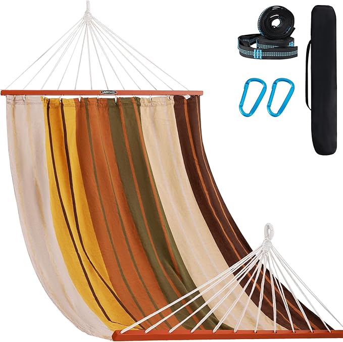 Lazy Daze Hammocks Cotton Fabric Double Hammock with 55" Spreader Bar, Portable Camping Hammock with Carrying Bag & Tree Straps for Patio, Backyard, Balcony, 450lbs Capacity, Brown & Khaki