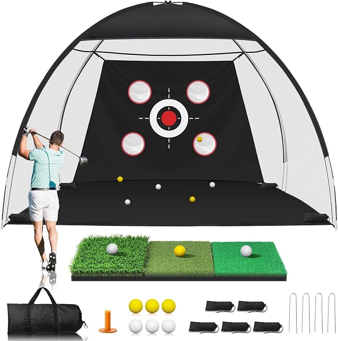 Golf Net, 10x7FT Golf Practice Net with Tri-Turf Mat for Outdoor Indoor, All-in-One Golf Hitting Aid Nets for Backyard Training Driving Chipping Swing, Gifts for Men/Him/Dad/Golfer
