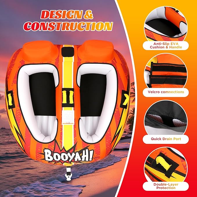 Towable Tubes for Boating Water Tubes - 2 Person Soaring Eagle, Heavy Duty Boat Tubes & Towables, EVA Foam Pads, Drainage, Quick Connector(F-1007)(F-1020)