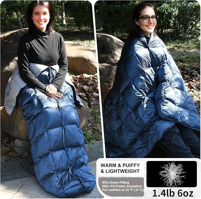 Down Camping Blanket - Lightweight, Packable, Warm & Puffy Outdoor Travel Quilt for Sleep, Hiking, Backpacking, Stadium, Festivals, Water-Resistant Sleeping Bag 55"x79"