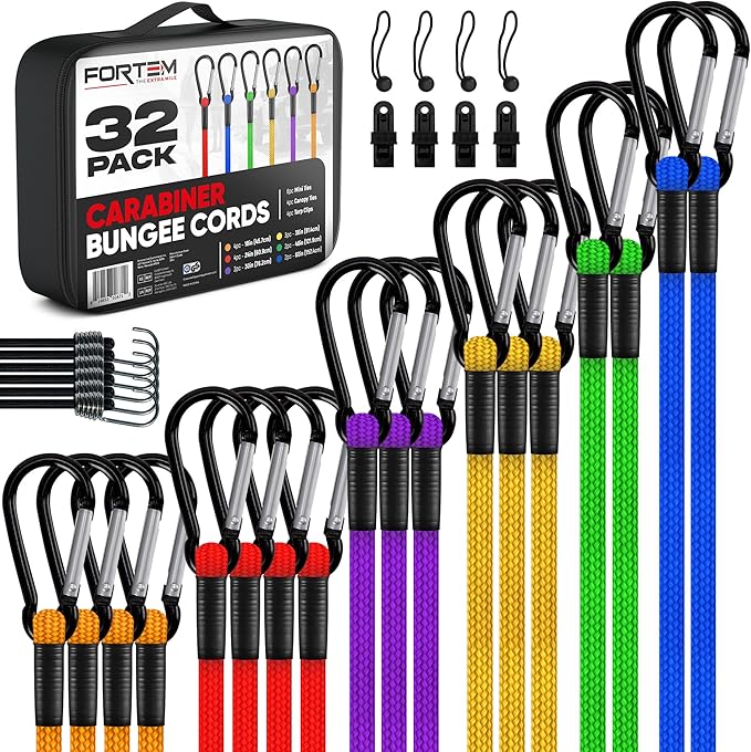 FORTEM Carabiner Bungee Cord Assortment, 32pk Bungee Cords Multi Pack, Includes 18", 24", 30", 36", 48", 60" Bungees and 8" Canopy Tarp Ball Ties, Coated Metal Hooks