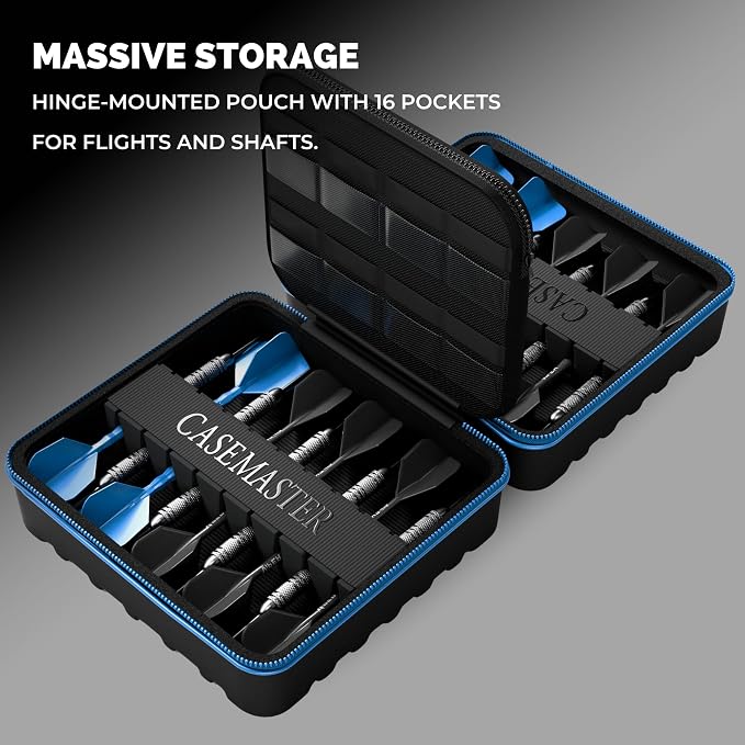 Casemaster Maxx 6 Dart Case, Holds 18 Steel Tip or Soft Tip Darts Fully Assembled, Hard Shell EVA Darts Case, 16 Accessory Pockets, Blue