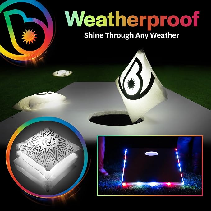Brightz Cornhole Board Edge Lights with LED Bags - Includes 4-Pack of LED Cornhole Bags + TossBrightz Cornhole Board Edge Lights - The Ultimate Night Time Cornhole Master Set