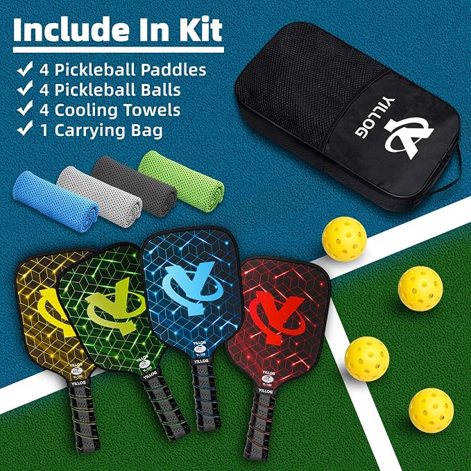YILLOG Pickleball Paddles, USAPA Approved Pickleball Paddle Set of 4, Fiberglass Surface Pickleball Set, 4 Pickleball Balls, 4 Cooling Towels, Pickleball Bag, Pickle Ball Paddle for Men Women