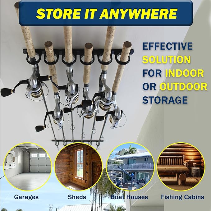 Rush Creek Creations, Ceiling Fishing Rod Holder for 6 Rods, Fishing Pole Holder for Garage Organization and Wall Storage, for Fishing Reels, Fishing Gear, and Fishing Accessories (2 Horizontal Rack)