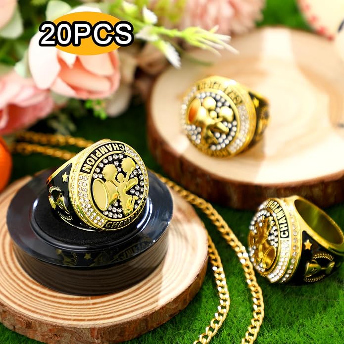 Highergo 20 Pcs Baseball Softball Basketball Football Champion Rings with Display Neck Chain and Stand Volleyball Soccer Cheer Trophy Rings Bulk for Tournament Award Gift