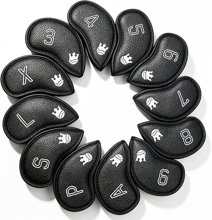 Golf Iron Head Covers Set of 12, PU Leather Golf Club Head Covers with Numbers 3-9 P S A L X, Magnetic-Free Hook & Loop Closure, Iron Headcovers Waterproof, Headcover Fit All Brands