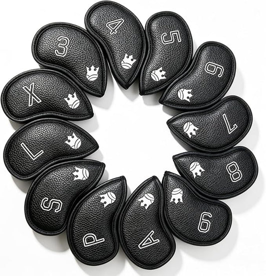 Golf Iron Head Covers Set of 12, PU Leather Golf Club Head Covers with Numbers 3-9 P S A L X, Magnetic-Free Hook & Loop Closure, Iron Headcovers Waterproof, Headcover Fit All Brands