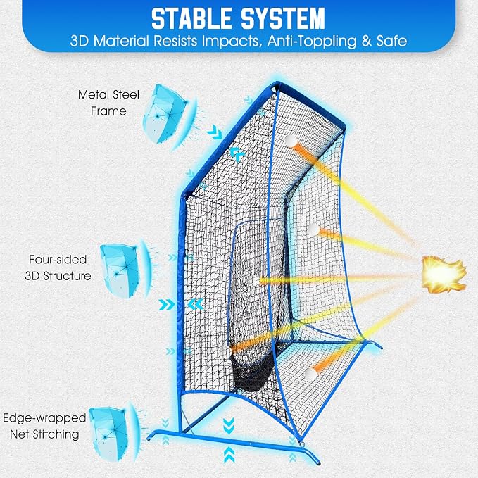 Baseball Softball Net with Blocking System, 7x7ft/6x6ft/10x7ft Practice Cage Net for Batting/Pitching/Fielding, Metal Frame with Elevated Base and Storage Bag for Backyard Indoor Training