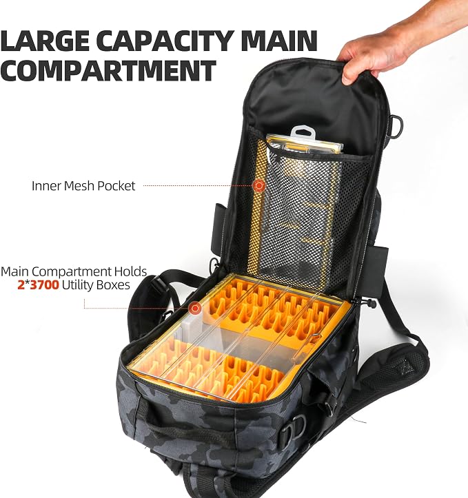 RUNCL Fishing Tackle Backpack, Lightweight Portable Gear Bag, Soft & Comfortable All Day Carry Design, Large Capacity Multi-Pocket Organizer Storage for Bass Fishing, Kayak, Bank & Shore Anglers