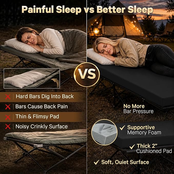 CYMULA Camping Cot Pad 2 Inch Memory Foam, Camping Pad for Folding Cot and Foldable Cot, Portable Roll Up Camp Gear for Car Camping Travel Tent, Non-Slip Waterproof Bottom, Removable Cover, Pad Only