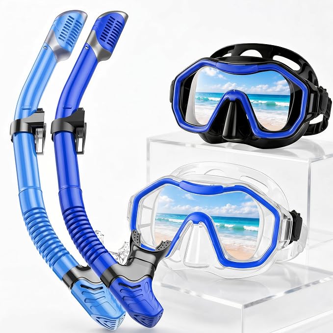 Snorkeling Gear for Adults Kids, Dry-Top Snorkel Set, 180°Panoramic Wide View Diving Mask Breathing Freely Snorkel Mask for Snorkeling Scuba Diving Swimming Travel