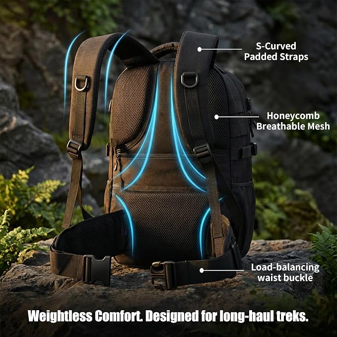 35L Tactical Fishing Backpack, Waterproof Tackle Backpack with 2 Rod Holders and 50+UV Protection Arm Sleeves,2LB Lightweight Fishing Bag, Daypack for Hiking, Hunting, Camping