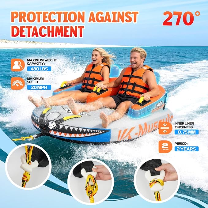 Towable Tubes for Boating - 2-3 Person Shark Battle Tank, Boat Tubes & Towables, EVA Foam Pads, Drainage, Super Safe Handle, Quick Connector