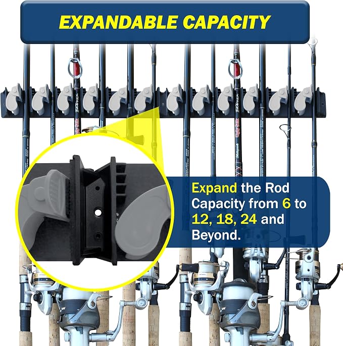 Rush Creek Creations 6-Rod Vertical Fishing Rod Holder for Garage, Heavy-Duty ABS Plastic Wall Mount Fishing Rod Rack, Securely Holds up to 6 Rods or Combos
