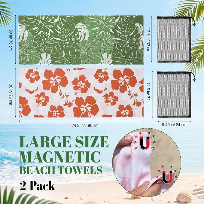 2 Pack Magnetic Beach Towels 74.8"x30" Microfiber Magnetic Towel Quick Dry Travel Towel Tropical Hibiscus Monstera Large Sand Free Towels for Beach, Swim Pool, Camping, Gym, Sports Yoga