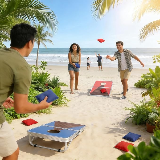 Juegoal Portable Cornhole Board Set for Kids Teens & Adults, 24x16 Inch Foldable Corn Hole Games with Bean Bags & Carry Bag, Lightweight Aluminum Alloy Travel Size Cornhole Set for Outdoor Games Beach