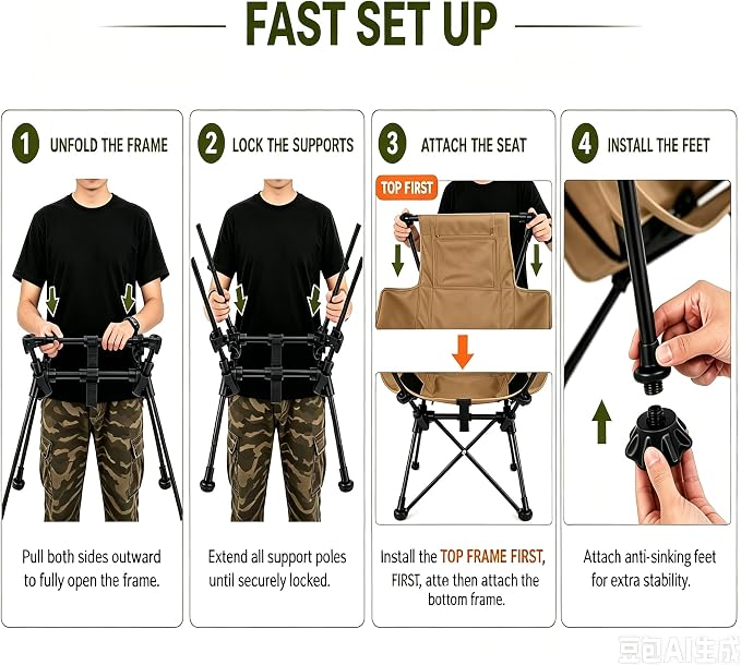 MOON LENCE High Back Folding Camping Chairs, Height-Adjustable, Widened Seat, for Beach with Anti-Sinking Feet