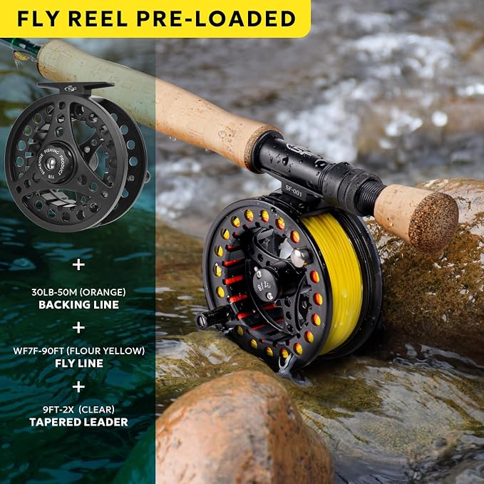 SF Fly Fishing Rod Combo Starter Kit Semi Gloss Green Jade Finish 24T Carbon Fiber Trout Travel Fly Rod with Reel,Fly Rod case,Fly Box , Flies,Tapered Leader,Knot Tying Tools