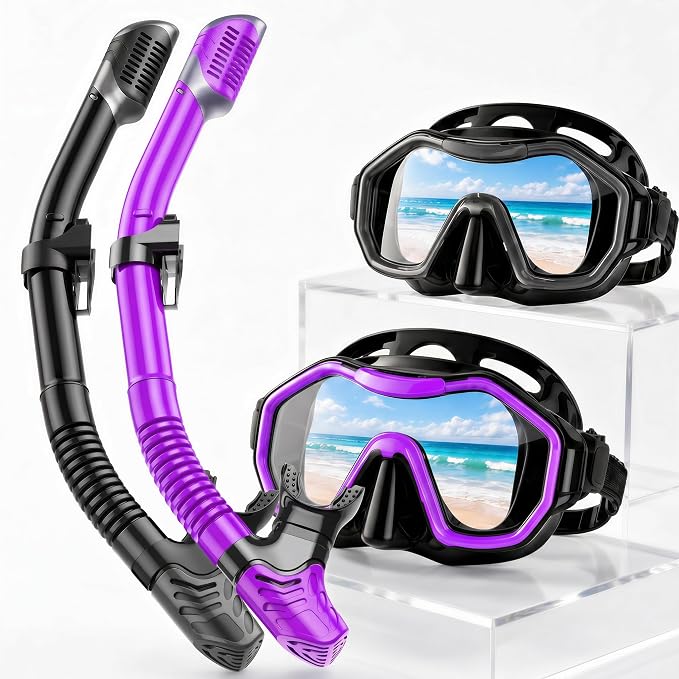Snorkeling Gear for Adults Kids, Dry-Top Snorkel Set, 180°Panoramic Wide View Diving Mask Breathing Freely Snorkel Mask for Snorkeling Scuba Diving Swimming Travel