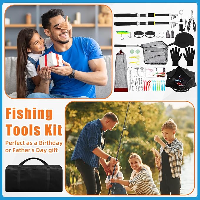 Telescopic Fishing Rod and Reel Combo 2 Pcs Collapsible Fishing Pole Kit with Plier Lip Gripper Lures Carrier Bag Pre-Loaded Spinning Reel for Beginner Men Travel Saltwater Freshwater