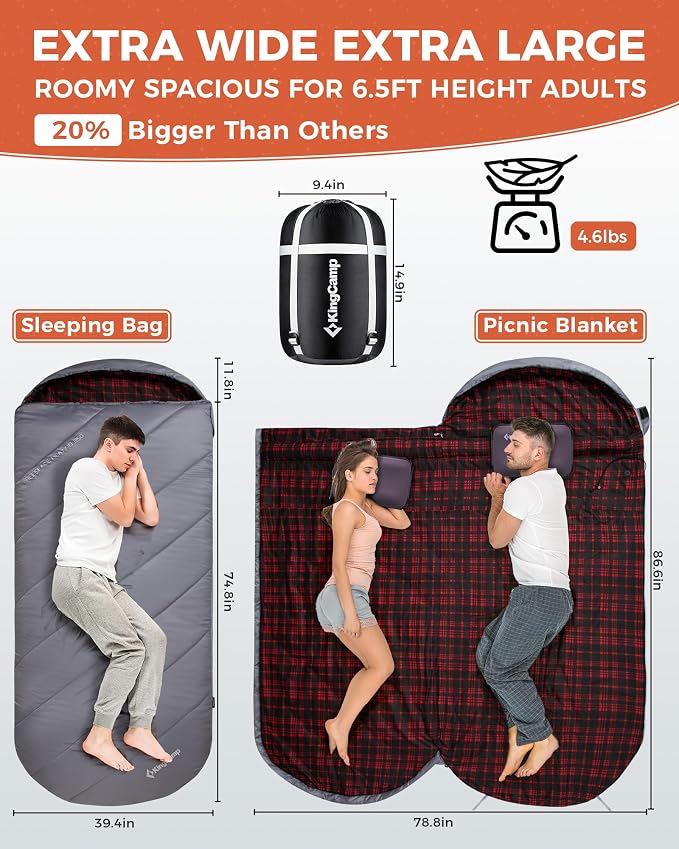 KingCamp Sleeping Bag for Adults Big and Tall, Cold Weather Camping Sleeping Bag with Soft 100% Cotton Flannel Lining, Portable Lightweight Outdoor Traveling & Car Camping
