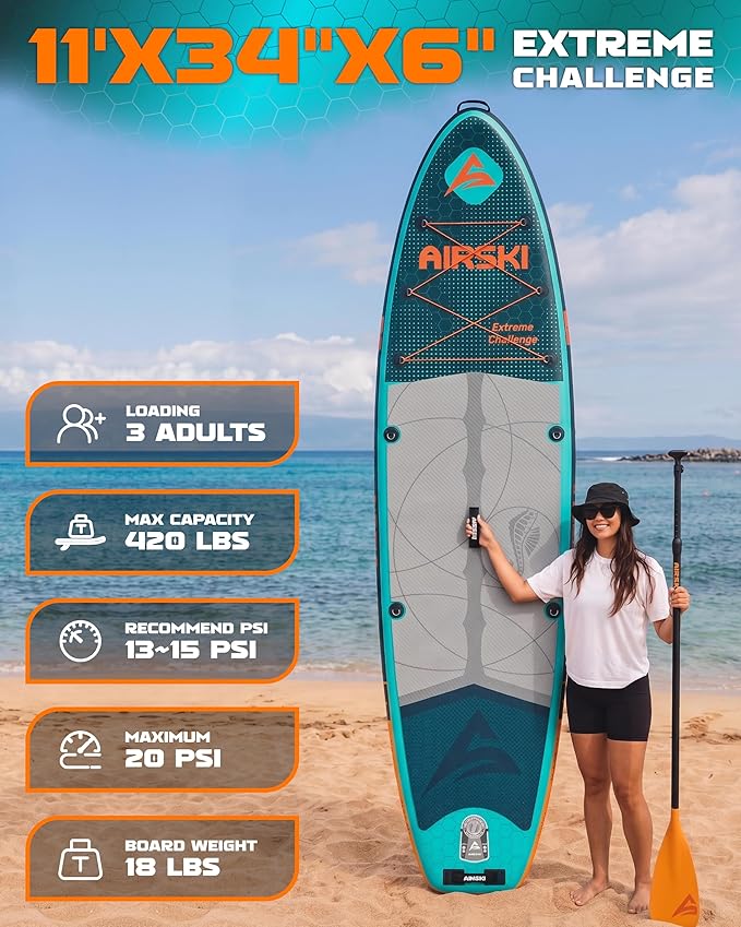 11'x34'' Extra Wide Inflatable Paddle Board, Stand-up Paddleboard for Adults, 420lb Capacity, Anti-Slip EVA, Stand-up Paddle Board for Yoga/Fishing/Family, US Fin, High-Pressure Pump, 100L Bag