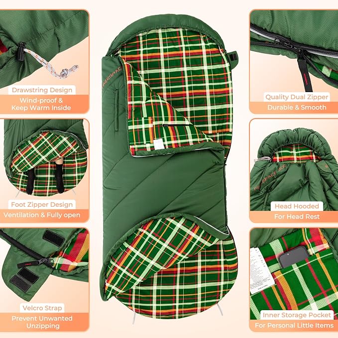 KingCamp Sleeping Bag for Adults Big and Tall, Cold Weather Camping Sleeping Bag with Soft 100% Cotton Flannel Lining, Portable Lightweight Outdoor Traveling & Car Camping
