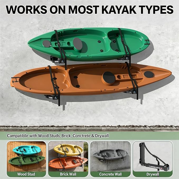 Kayak Storage Hooks Wall Mount Rack, Heavy Duty Garage Storage Hangers with Folding Arms, Adjustable Width, Non-Slip Padding and Secure Strap for Kayak Canoe Paddle Board Surfboard, Indoor Outdoor Use