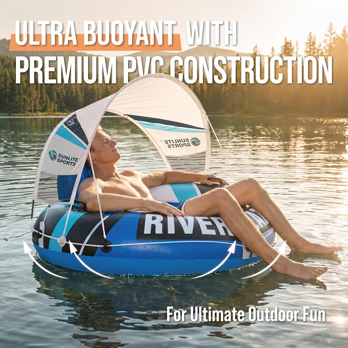 Sunlite Sports River Tube with Canopy for 1 or 2 Person - Heavy Duty Inflatable Water Float with Cup Holders, UV Sun Protection, Comfortable Lounge Design for Lake, River, Pool