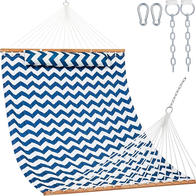 Lazy Daze Hammocks 12FT Quilted Fabric Double Hammock with Spreader Bars and Detachable Pillow, 2 Person Hammock for Outdoor Patio Backyard Poolside, 450 LBS Weight Capacity, Blue Chevron Stripe