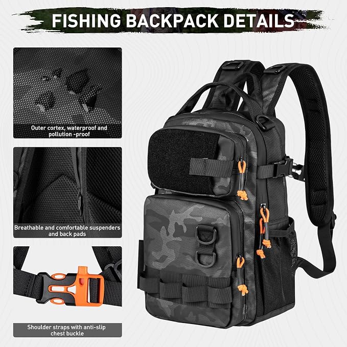 THKFISH Fishing Tool Kit, Backpack and Tackle Box with Tackle Included Lures Hooks Sinkers Accessories Kit,Pliers, Fish Lip Gripper, Fishing Gear and Fishing Gift for Men (Black Camo-87pcs)