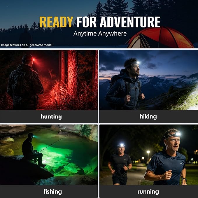 HOKOILN 2-Pack LED Headlamp Rechargeable with Green & Red Light -1300 Lumen Ultra-Bright Flashlight Headlight for Camping, Running, Hiking, Fishing - Waterproof with 7 Modes