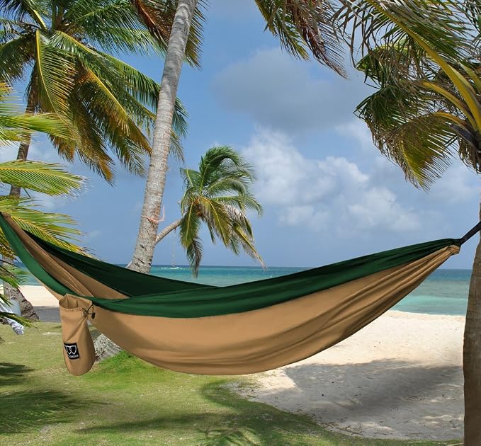 Gold Armour Camping Hammock - XL Double Hammock Portable Hammock Camping Accessories Gear for Outdoor Indoor with Tree Straps, USA Based Brand (Khaki and Dark Green)