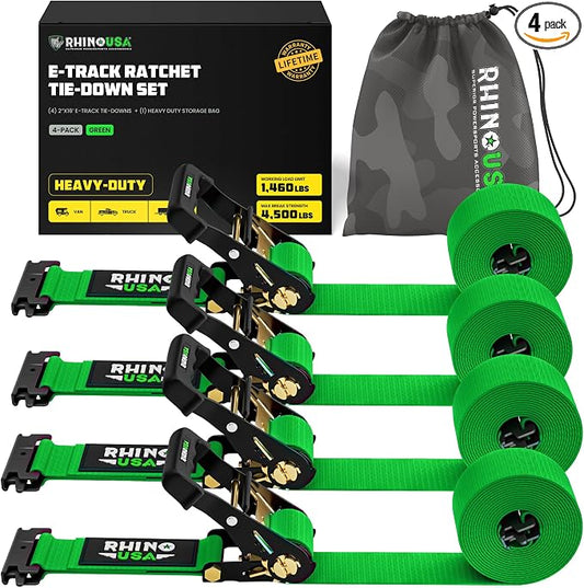 Rhino USA E Track Ratchet Tie Down Straps (4,500lb Break Strength) - Includes (4) Premium 2" x 16' eTrack Tie Downs - Ultimate Heavy Duty eTrack Cargo Strap System for Trailer, Truck, Motorcycle