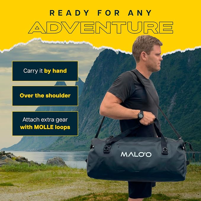 Malo’o Waterproof Dry Duffel, Heavy-Duty Roll Top Waterproof Gear Bag with Shoulder Strap & Molle Loops, Marine Duffel for Kayaking, Boating, Camping, Beach & Travel, Black, 60L