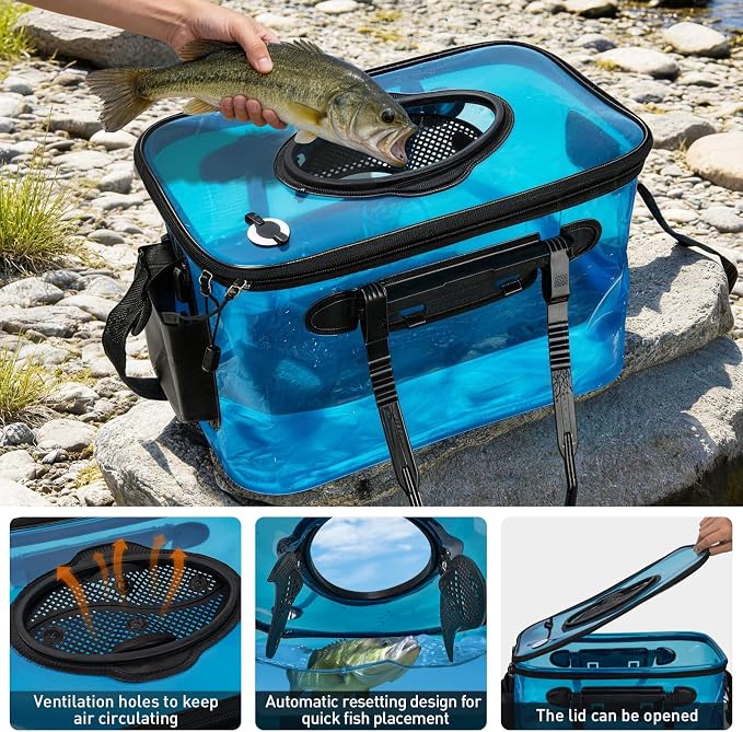 THKFISH Foldable Transparent Fishing Bucket, 8 Gallon Foldable Bait Bucket, Live Fish Container Multi-Functional Bait Bucket, Live Bait Fishing Bucket for Saltwater, Camping (8Gallon)