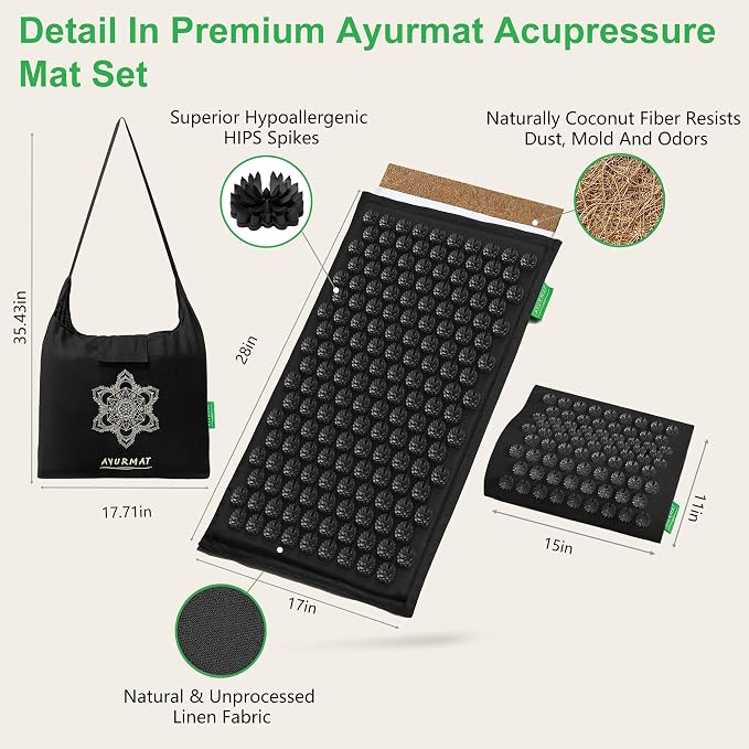Premium Acupressure Mat and Pillow Set - Natural Eco-Friendly Linen & Coconut Fiber,Ergonomic Design,Relieves Stress & Tension,with Carrying Bag,Full Body Pro Set
