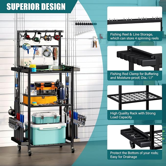 TC-HOMENY 3-Tier Fishing Rod Holder for Garage, Multifunctional Fishing Pole Rack Cart with Wheels Storage up to 12 Rods, Fishing Tackle Gear Organizer Storage rack for Room, Garage, Basement, Black