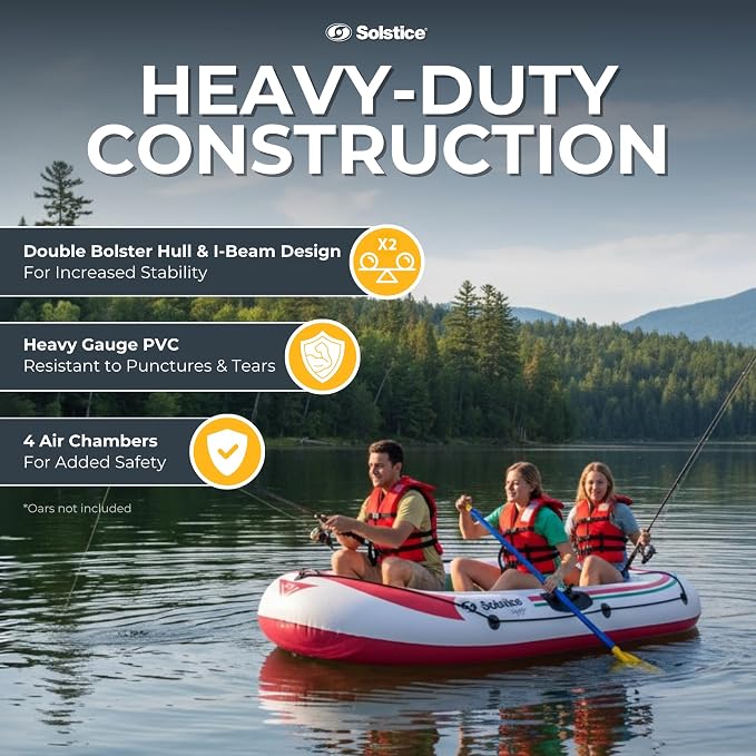 SOLSTICE Inflatable Boat for Lakes, Rivers & Beaches – Heavy-Duty Raft with Swivel Oar Locks, Grab Line & Inflatable Seat – Voyager, 3-Person, White, 7'