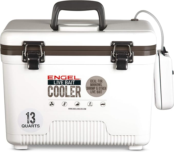Engel Live Bait Cooler Box with 2nd Gen 2-Speed Aerator Pump - Portable Fishing Station & Minnow Bucket for Shrimp & Other Live Fish with Aerator - ENGLBC-N