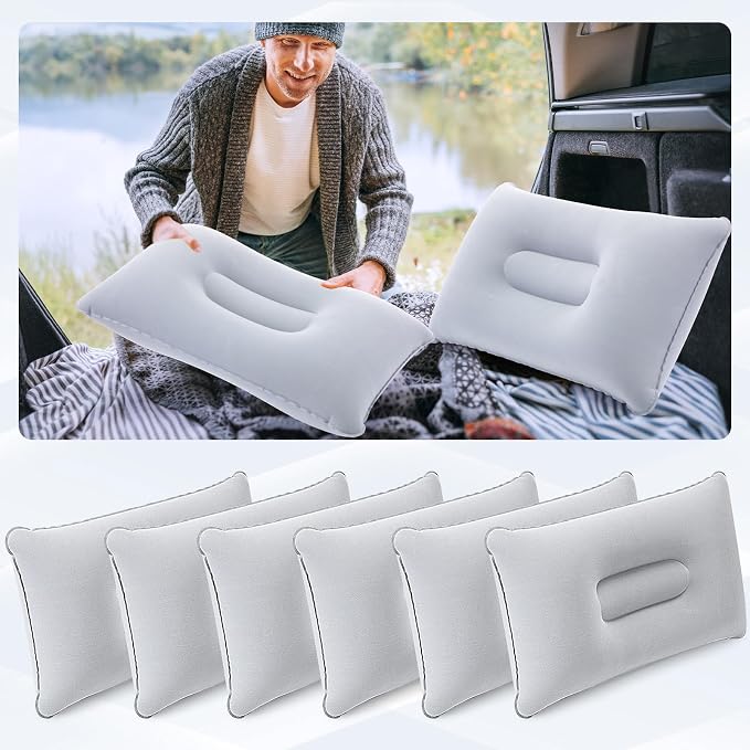 Geelin 48 Pack Inflatable Pillows for Camping Travel Beach Vacation Sand Squared Flocked Soft Fabric Backpacking Ultralight Pillows for Office Sleeping Neck Head Lumbar Support (Grey)