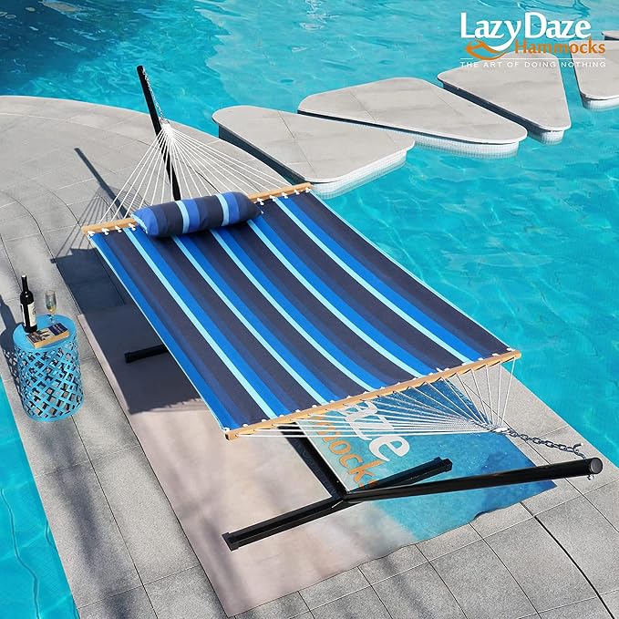 Lazy Daze Hammocks 12 FT Sunbrella Fabric Hammock Non-Fading with Spreader Bars and Free Pillow Fits for 2 Persons, All Weather and Fade Resistant for Patio Yard, 450 lbs Capacity, Gateway Indigo