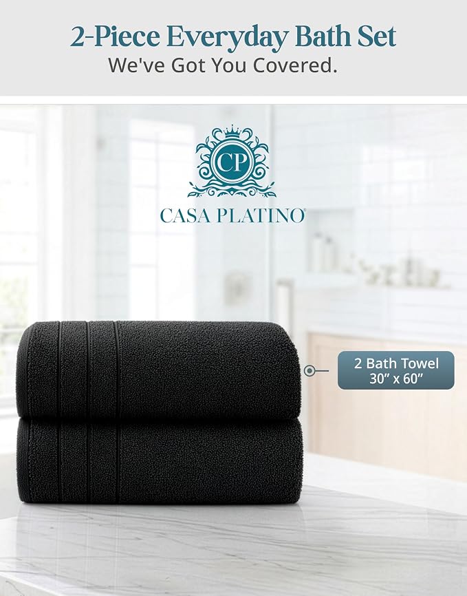 Casa Platino 100% Cotton Bath Towels 2 Pack (30"x60") - Ring Spun Mercerized Cotton Large Towel Set for Bathroom - Quick Dry, Soft & Absorbent Large Bath Towel Set - Oeko Tex Certified - Black Towels