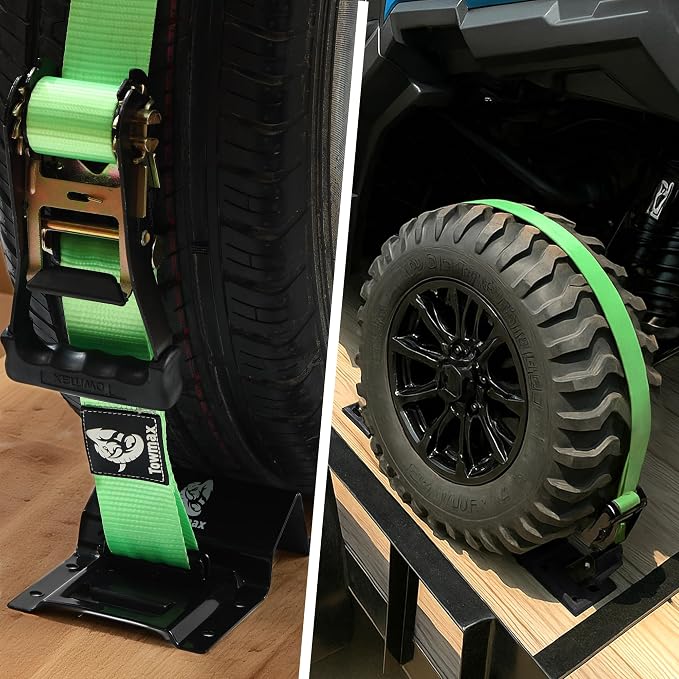 UTV Wheel Chock Tie-Down Kit - 4,500lb Break Strength Heavy Duty Trailer Tire Straps System - 2Pack 2" x 8' E Track Ratchet Straps for SXS, UTV, ATV, Lawn Mower (Bright Green)
