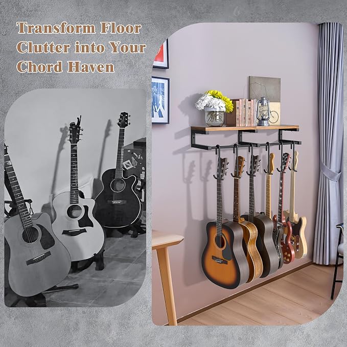 Keebofly Guitar Wall Mount Hangers Holds 6 Guitars with Rustic Shelf - 6-Detachable Guitar Hooks Universal Fit for Acoustic, Electric, Bass Guitars & Ukulele (Brown)