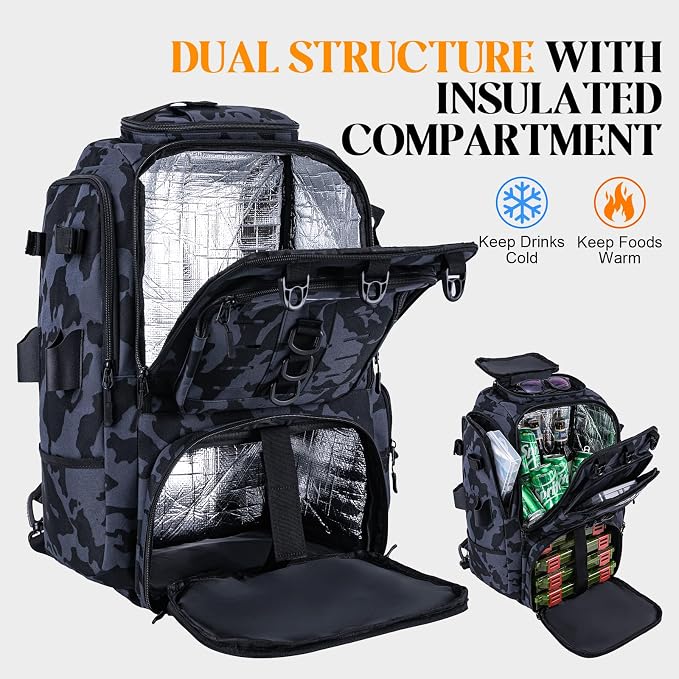 Goture 40L Fishing Tackle Backpack with Cooler and 2 3600 fishing tackle boxes, 900D Water-Resistant Tackle Backpack with Removable Bait Binder, 2 Rod Holders and Rain Cover,Camouflage backpack