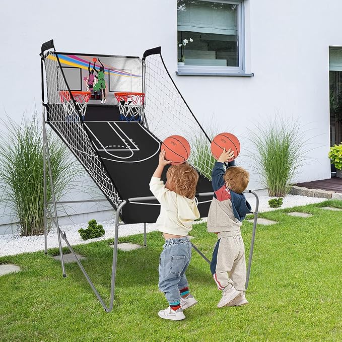 Giantex Foldable Basketball Arcade Game, 8 Game Options, Electronic Double Shot 2 Player w/ 4 Balls and LED Scoring System, Indoor Basketball Game for Kids, Adults, Black & Silver